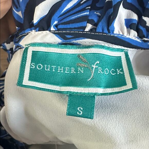 Southern Frock Ruffle V- Neck Sleeveless Dress - Blue White Size Small - Picture 9 of 9